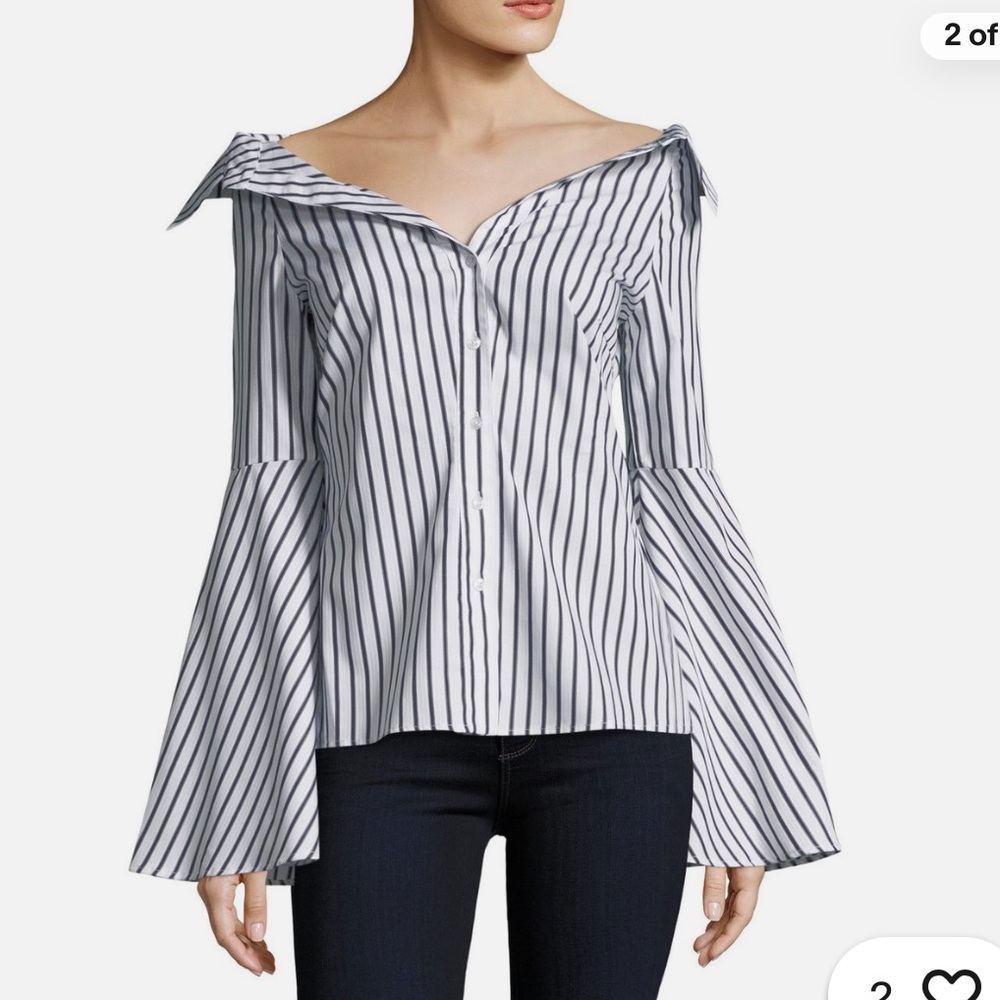 Caroline Constas Off-Shoulder Button-Down Striped Top - White & Black